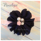 Penelope- Navy Headband with pearl and pink rose