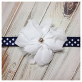 Penelope- White flower on polka dot elastic