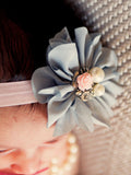 Penelope- Gray Headband with pearl and pink rose