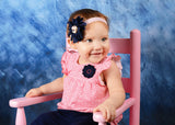 Penelope- Navy Headband with pearl and pink rose