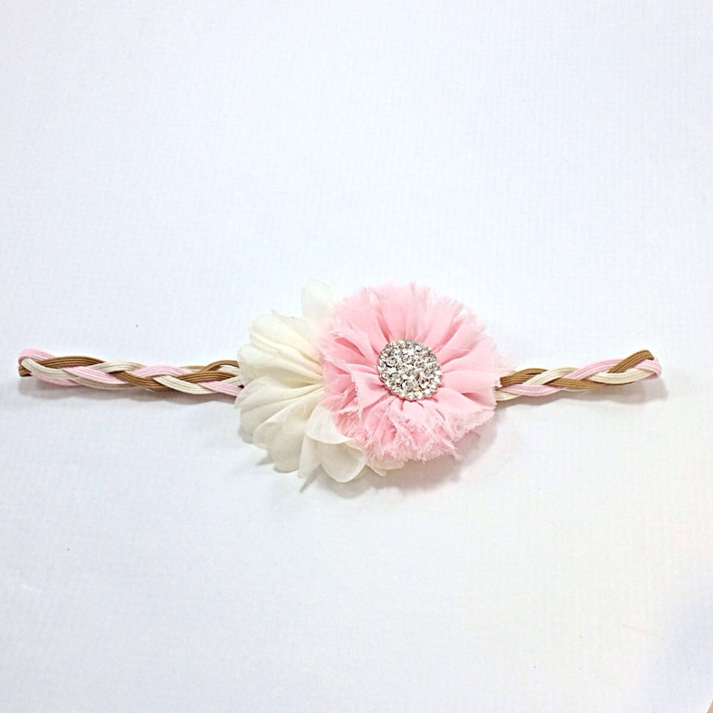 Trisha- Pink and Ivory on a pink, ivory and tan braided headband