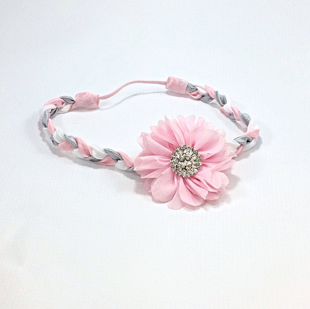 Luciana- Pink Flower on a pink, grey, and white braided headband