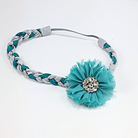 Gemma- Teal flower on a teal and silver braided headband