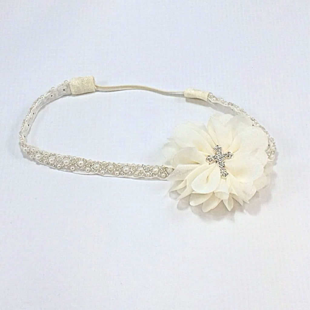 Luciana- Ivory Flower with Cross on a Pearl and Beaded Headband