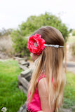 Samantha- Red Flower on silver sequin headband
