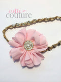 Penelope- Pink flower on a gold sequin headband