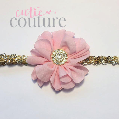 Penelope- Pink flower on a gold sequin headband