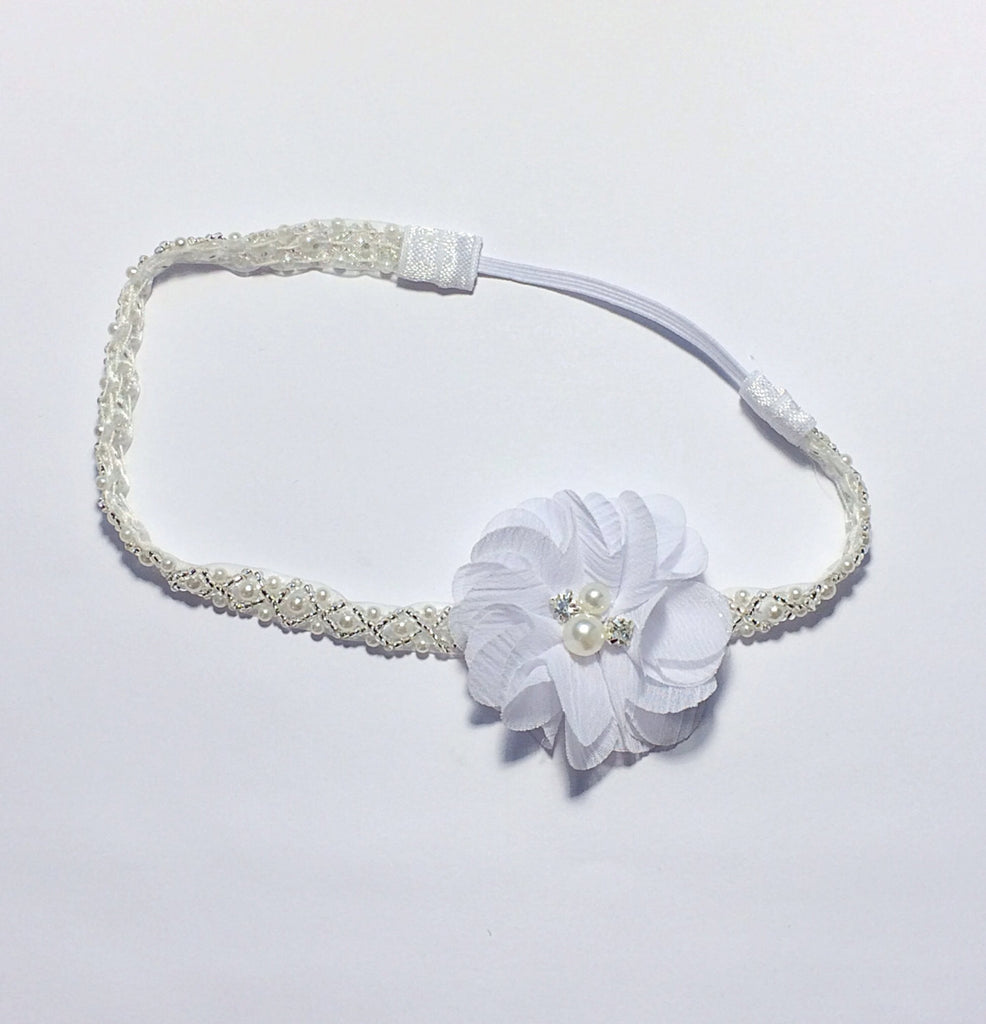 Cammie- White flower on Pearl and Beaded headband