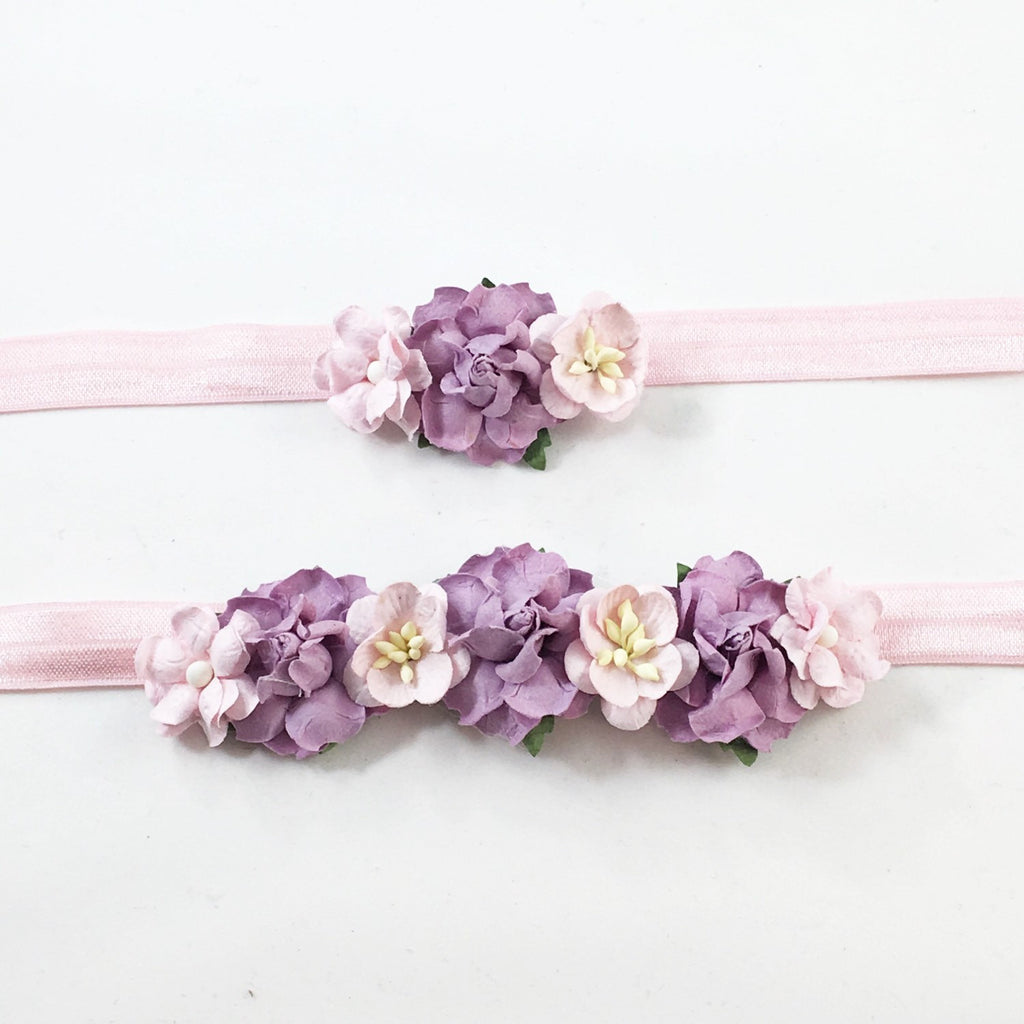 Mommy and Me- Pink and Purple flowers on Pink Headband