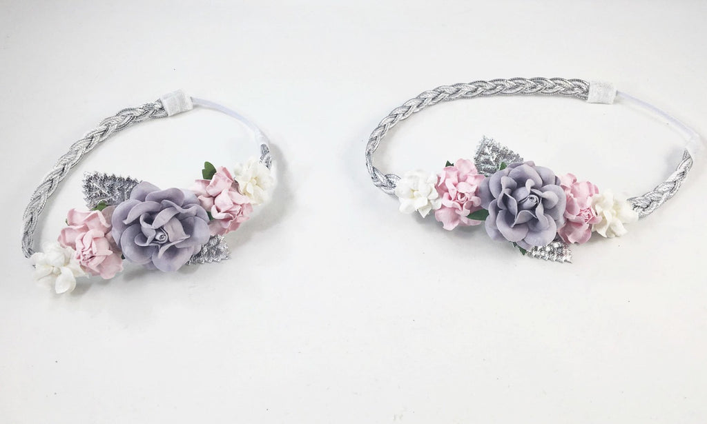 Mommy and Me- Gray, Pink and Cream flowers on Silver Braided Headband