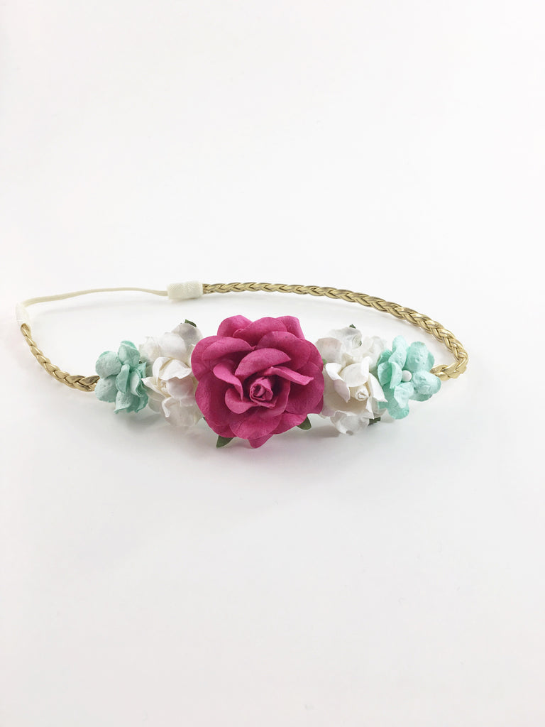 Valentina-Hot Pink, White and Mint on Gold Braided Headband
