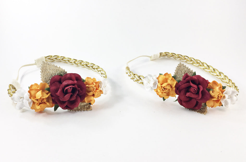 Mommy and Me- Cranberry, Orange and Cream Flowers on Gold Braided Headband