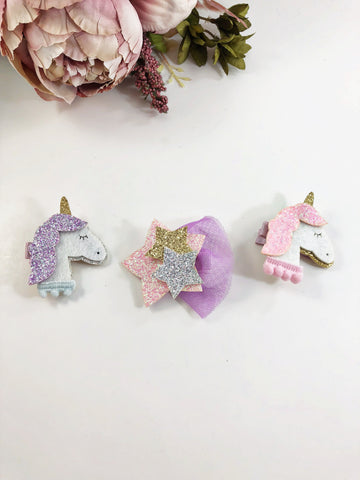 Glitter Clips- Unicorn and stars clip or headbands