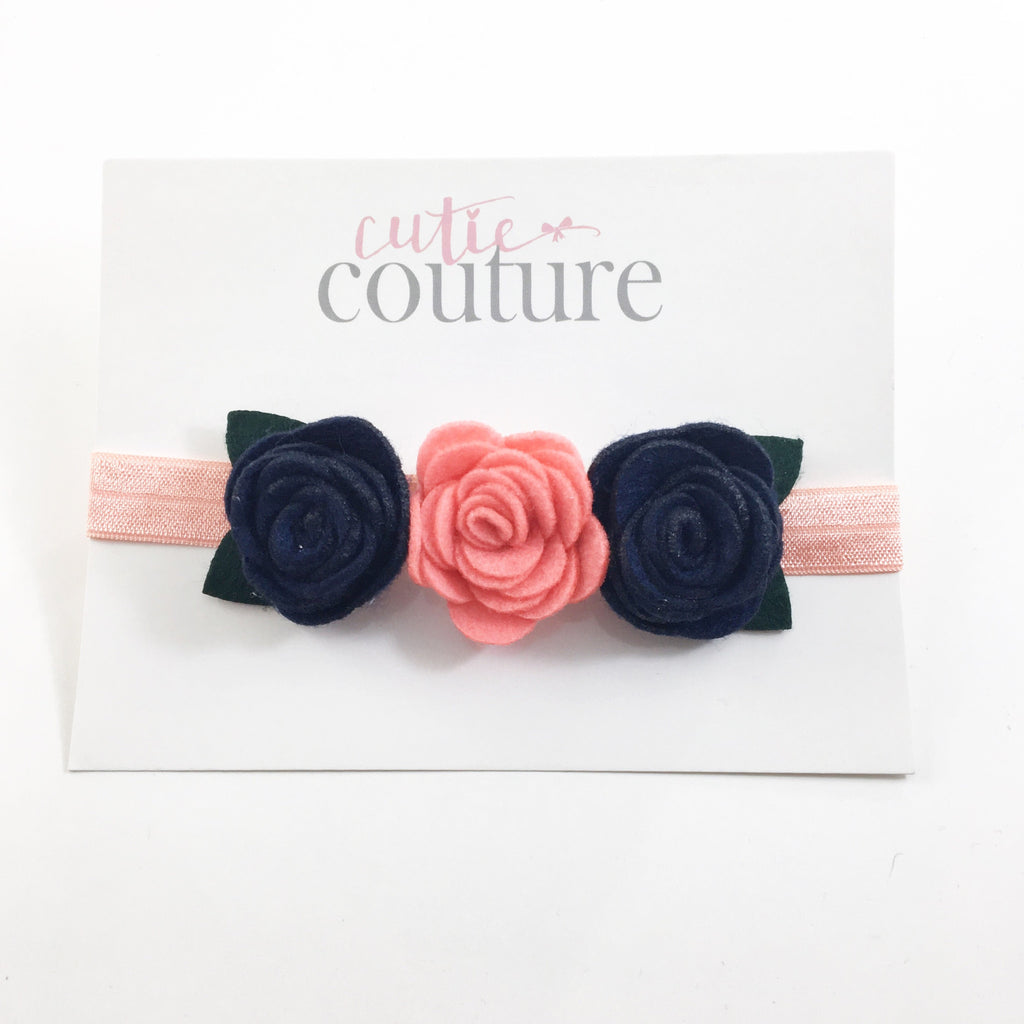 Donna- Navy and coral felt flowers on coral headband