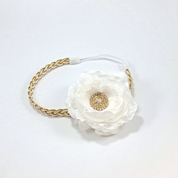 Samantha- White Flower on Gold Sequin Headband